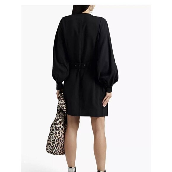 GANNI Mini Wrap Dress Black Buttoned Cuffs V-Neck 36 1040 - Picture 2 of 8